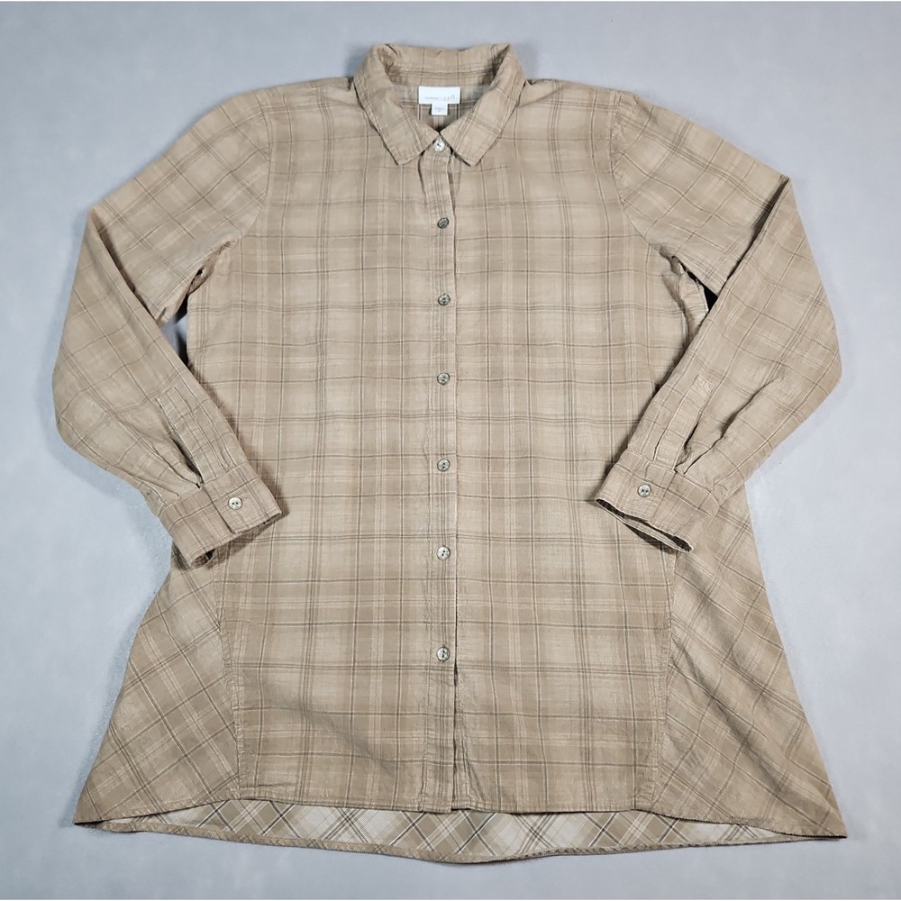 J Jill Womens Tan Plaid Corduroy Button Up Long Sleeve Shirt Size Medium